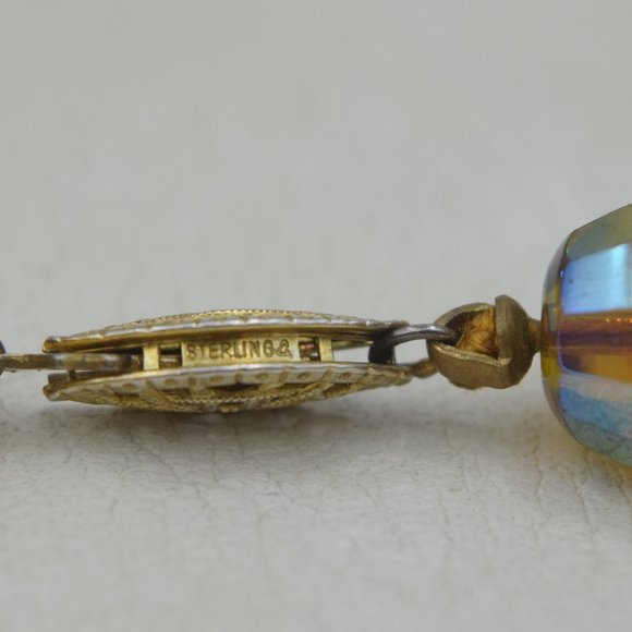 Sterling Amber Aurora Borealis Necklace AB Crystal Bead 44 1/2" - Picture 5 of 12